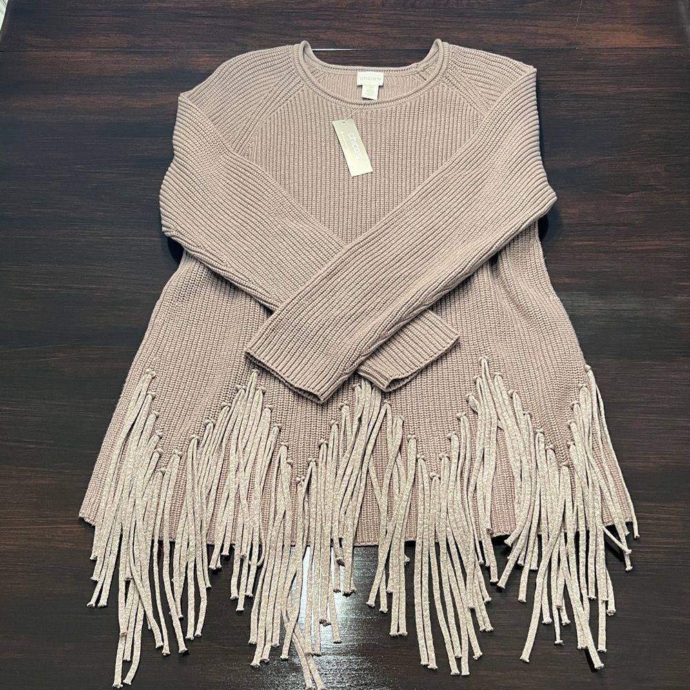 CHICO’S Drama Fringe Pull Over Sweater Taupe - Picture 5 of 12